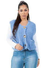 Chunky Knitted Buttoned Sweater Vest with Pockets By Claude SKY BLUE L