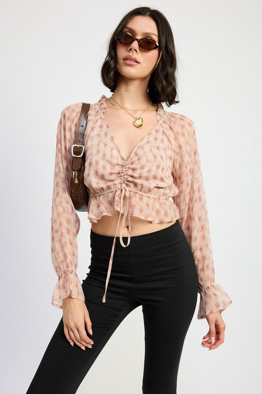Ruched Cropped Blouse With Ruffle Detail Emory Park DUSTY ROSE FLANNEL S