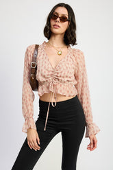 Ruched Cropped Blouse With Ruffle Detail Emory Park DUSTY ROSE FLANNEL S