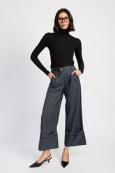 Fold Over Pleated High Waisted Pants Emory Park GREY BLUE S