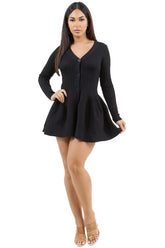 Button Look Ribbed Knit Flare Sweater Dress By Claude BLACK S