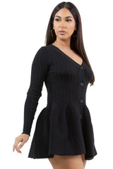 Button Look Ribbed Knit Flare Sweater Dress By Claude