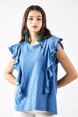 Plus Cotton Slub Double Ruffle Tiered Sleeve Tee Noflik Denim XL