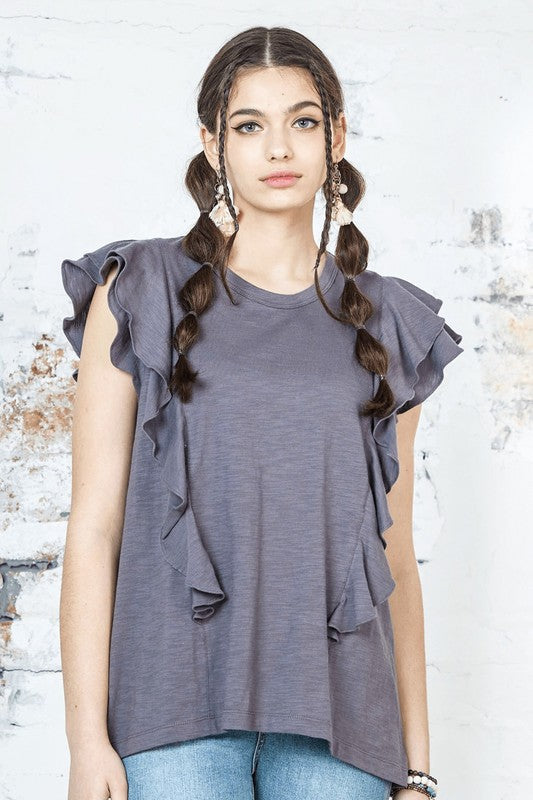 Plus Cotton Slub Double Ruffle Tiered Sleeve Tee Noflik Charcoal XL