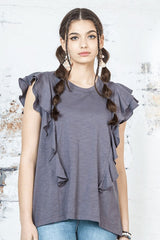 Plus Cotton Slub Double Ruffle Tiered Sleeve Tee Noflik Charcoal XL