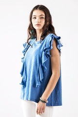 Plus Cotton Slub Double Ruffle Tiered Sleeve Tee Noflik
