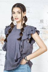 Plus Cotton Slub Double Ruffle Tiered Sleeve Tee Noflik