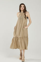 Striped High Ruffle Neckline Tiered Maxi Dress Noflik