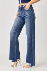 Full Size High Rise Frayed Hem Wide Leg Jeans Risen