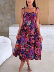 Printed Tie-Strap Midi Dress Simmer & Fay Black S
