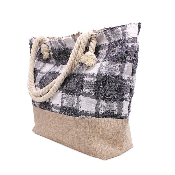 Frayed Tweed Plaid Beach Tote Bag Bella Chic BKLT Os