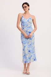Floral Satin Slip Midi Dress Emory Park BLUE FLORAL S
