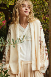 Open Front Waffle Knit Fleece Mix Cardigan POL Cream S