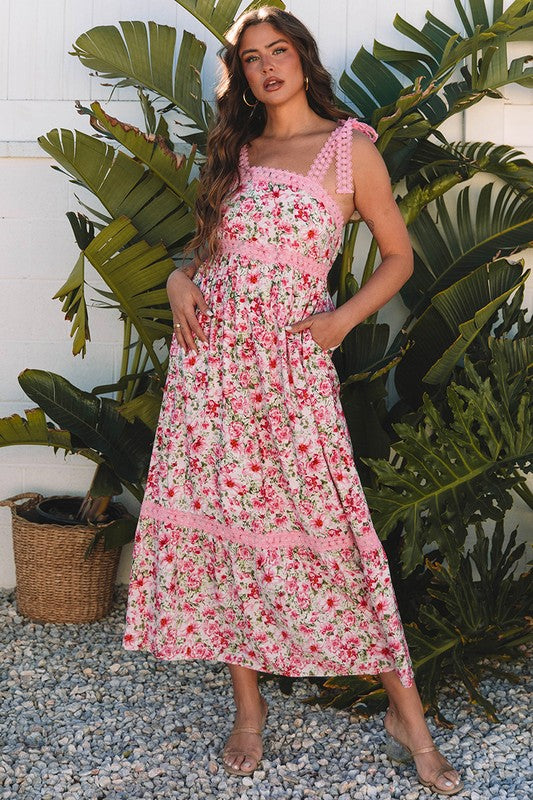 Aloha Pink Floral Lace Tied Strap Empire Waist Dress YNIQUE Pink S