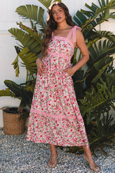 Aloha Pink Floral Lace Tied Strap Empire Waist Dress YNIQUE Pink S