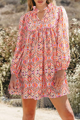 Vintage Inspired Boho Long Sleeve Tied Neckline Mini Dress YNIQUE Pink S