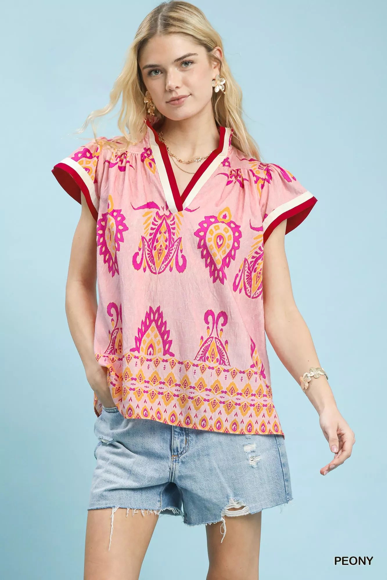 Border Print Split-Neck Boho Top Umgee PEONY S