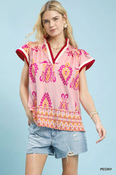 Border Print Split-Neck Boho Top Umgee PEONY S