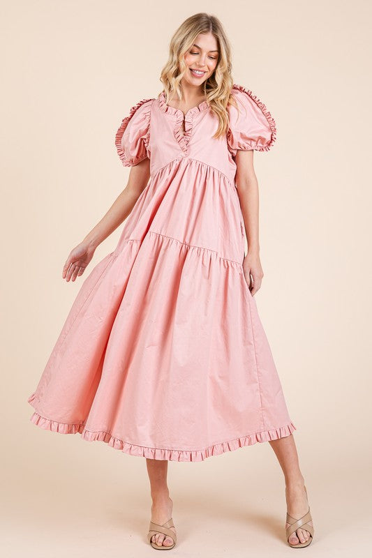 Ruffle Trim Puff Sleeve Tiered Babydoll Midi Dress GeeGee Blush Pink S