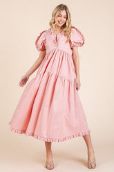 Ruffle Trim Puff Sleeve Tiered Babydoll Midi Dress GeeGee Blush Pink S