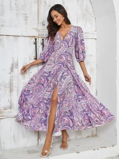 Elegant Floral Paisley Maxi Dress with Slit Miss Sparkling Purple S