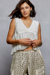 Textured Lace Cropped Tank with Trim Detail POL