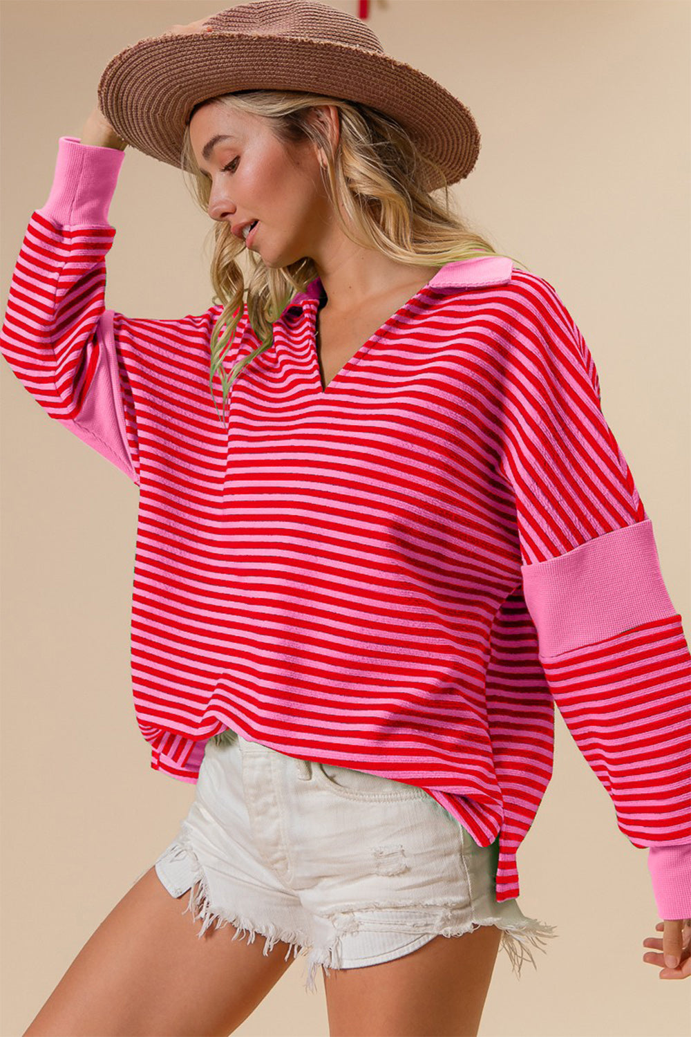 Striped Wide Collar Contrast Long Sleeve Knit Top BiBi Pink S