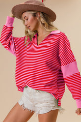 Striped Wide Collar Contrast Long Sleeve Knit Top BiBi Pink S