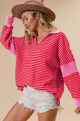 Striped Wide Collar Contrast Long Sleeve Knit Top BiBi Pink S