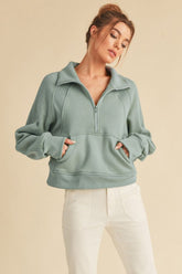 Half Zip Raglan Sleeve Sweatshirt with Kangaroo Pocket Aemi + Co Pale Blue S