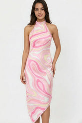 Asymmetric Satin Open Back Halter Dress with Handkerchief-Hem Miss Sparkling