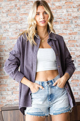 Washed Corduroy Button Down Long Sleeve Shirt First Love Purple Gray S