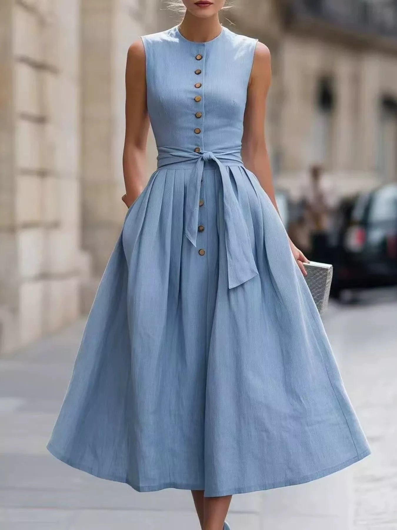 Sleeveless Button-Front Belted Midi Dress Simmer & Fay Sea blue S