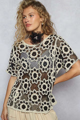 Openwork Short Sleeve Crochet Knit Top with Weave Knit Patterns POL