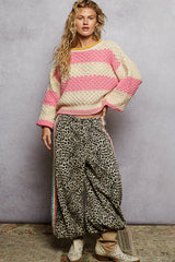 Contrast Striped Round Neck Sweater with Textured Cable Knit Pattern POL