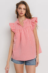 Plaid Notched Ruffled Cap Sleeve Blouse Ces Femme