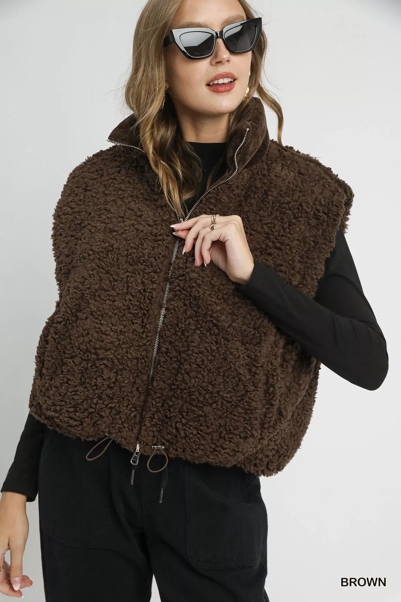 Sherpa-Lined Zip Vest with Drawstring Hem Umgee Brown S
