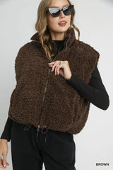 Sherpa-Lined Zip Vest with Drawstring Hem Umgee Brown S