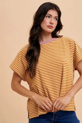 Stripe Soft Brushed Knit Dolman Sleeve Top Annie Wear CREAM/MUSTARD S