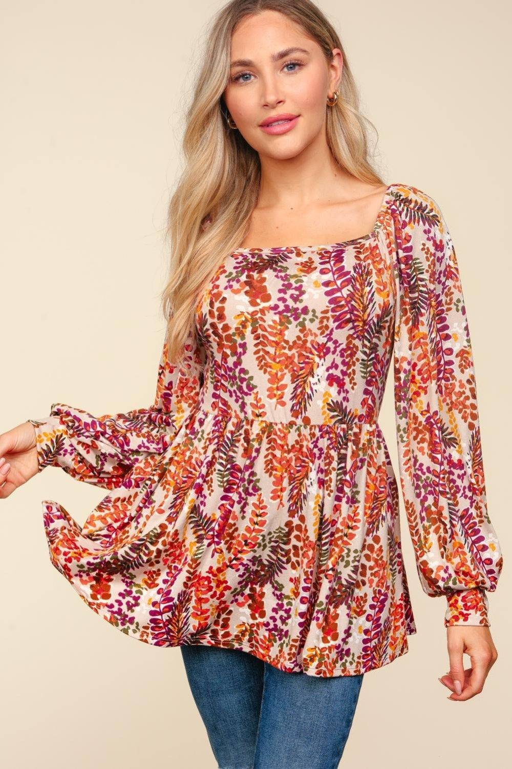 Peplum Floral Square Neck Blouse Haptics Taupe/Rust S
