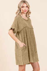 Short Sleeve Babydoll Textured Pocket Dress with Raw Hem Culture Code