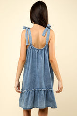 Shoulder Tie Washed Denim Ruched Mini Dress Very J