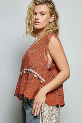 Lace Trim Openwork V-Neck Crochet Tank with Scalloped Edge POL