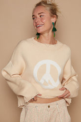 Round Neck Long Sleeve Peace Sign Sweater POL Cream/White S
