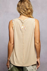 Washed Ribbed V-Neck Tank with Floral Print Star Patch POL