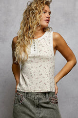 Vintage Floral Print Slim-Fit Knit Tank with Raw-Edge Details POL