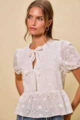 Cotton Eyelet Front Tie Short Sleeves Blouse So Me