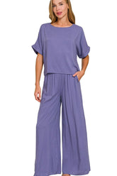 Round Neck T-Shirt and Wide Leg Pants Set ZENANA MARLIN S