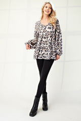 Leopard V-Neck Balloon Sleeve Blouse Celeste