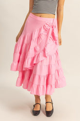 Ruffled Tiered High Waist Midi Skirt HYFVE Pink L